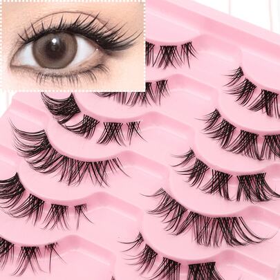 10 Pairs Korean & Japanese Natural Curly Transparent Stem False Eyelashes, 7-13mm Length Elongate Eyeliner Effect, Easy To Wear, Reusable, Suitable As Gifts For Mother's Day, Valentine's Day, Music Festival, Christmas, Halloween And More Strip Lashes,Lashes,Eyelashes,Fake Lashes