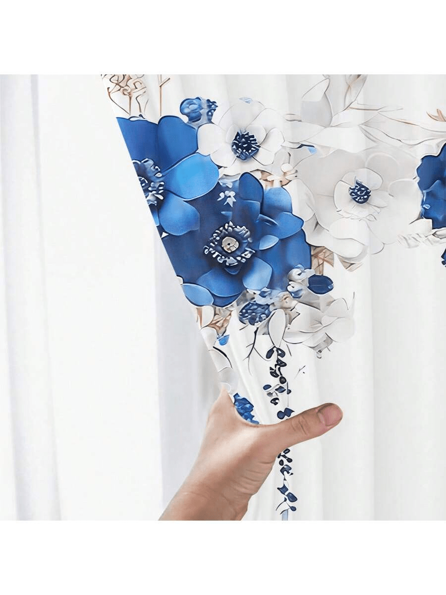 2pcs Elegant Blue Floral Sheer Curtains - 3D Flower Design, Light-Filtering Polyester Drapes For Bedroom, Living Room, Kitchen, Office - Versatile & Stylish Window Treatment (Rod Not Included), Curtains For Living Room - Multicolor - View 5