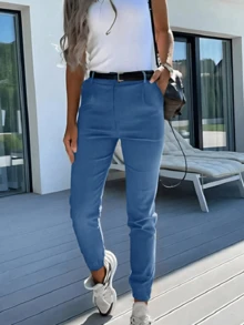 Women's Solid Color Slim Fit Thin Casual Pants, Suitable For Commuting And Daily Wear, Spring/Summer - Blue - View 3