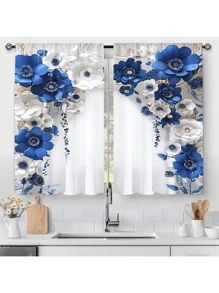 2 Stücke elegante blaue Blumen Vorhänge - 3D Blumen Design, lichtfilternde Polyester Vorhänge für Schlafzimmer, Wohnzimmer, Küche, Büro - vielseitig & stilvolle Fensterverkleidung (Vorhangstange nicht enthalten), Vorhänge für Wohnzimmer - Verschiedenfarbig - Übersicht 15