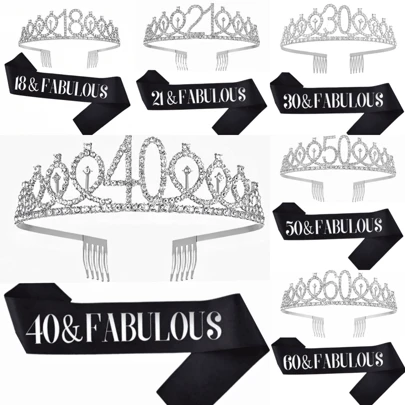 2pcs/Set Birthday Sash And Tiara For Women Including Birthday Crown,Happy 18th 21th 30th 40th 50th 60th 70th Birthday Sash Ribbon Fabulous Candles And Cake Topper, Birthday Women Gifts For Happy Birthday Party Favor Supplies For Gold Valentine's Day Accessories