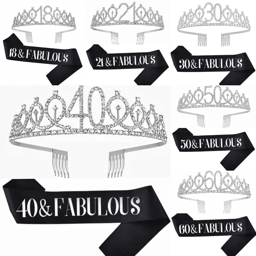 2 Stücke/Set Geburtstags-Schärpe und Tiara für Frauen, inklusive Geburtstagskrone, Happy 18., 21., 30., 40., 50., 60., 70. Geburtstags-Schärpe, Schleife, fantastische Kerzen und Kuchendekoration, Geburtstagsgeschenke für Frauen, Partyzubehör für glücklichen Geburtstag, Valentinstag Accessoires in Gold - Verschiedenfarbig - Übersicht 1