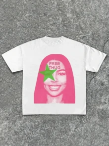 Eye - Catching Black Tee Featuring A Pink - Haired Figure And Star Graphic Casual Soft, Pure Cotton 220g Pattern Printed T-Shirt - trắng - Xem 1