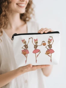 Halloween White Bag For Travel Storage | Makeup Bag & Electronics Organizer With Zipper Closure, Skull Bow Tie Floral Print Pouch For Travel Essentials, Jewelry, Toiletries | Halloween Gift Idea