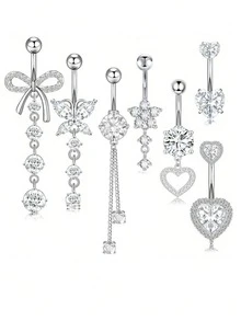 7 PCS Pink Butterfly, Flower, Heart Shaped Stainless Steel Navel Rings, Piercing Jewelry Suitable For Daily Wear - Belly ring - View 13