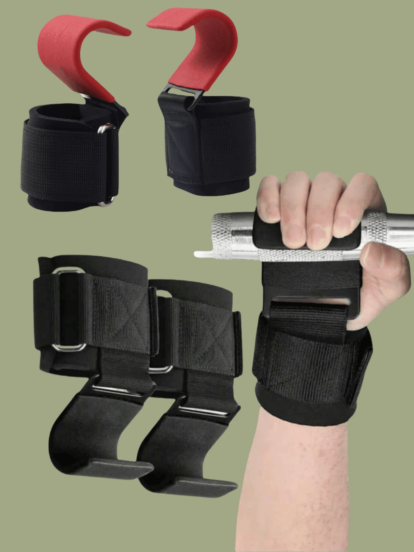 1 对腕钩带可调节举重带，带钩举重腕带，适用于健身房训练（黑排钩），健身组合