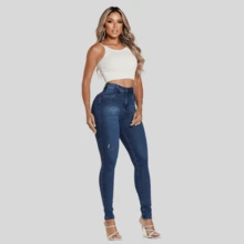 Women's Skinny Ripped Lycra Blogger Jeans - Rửa tối - Xem 3