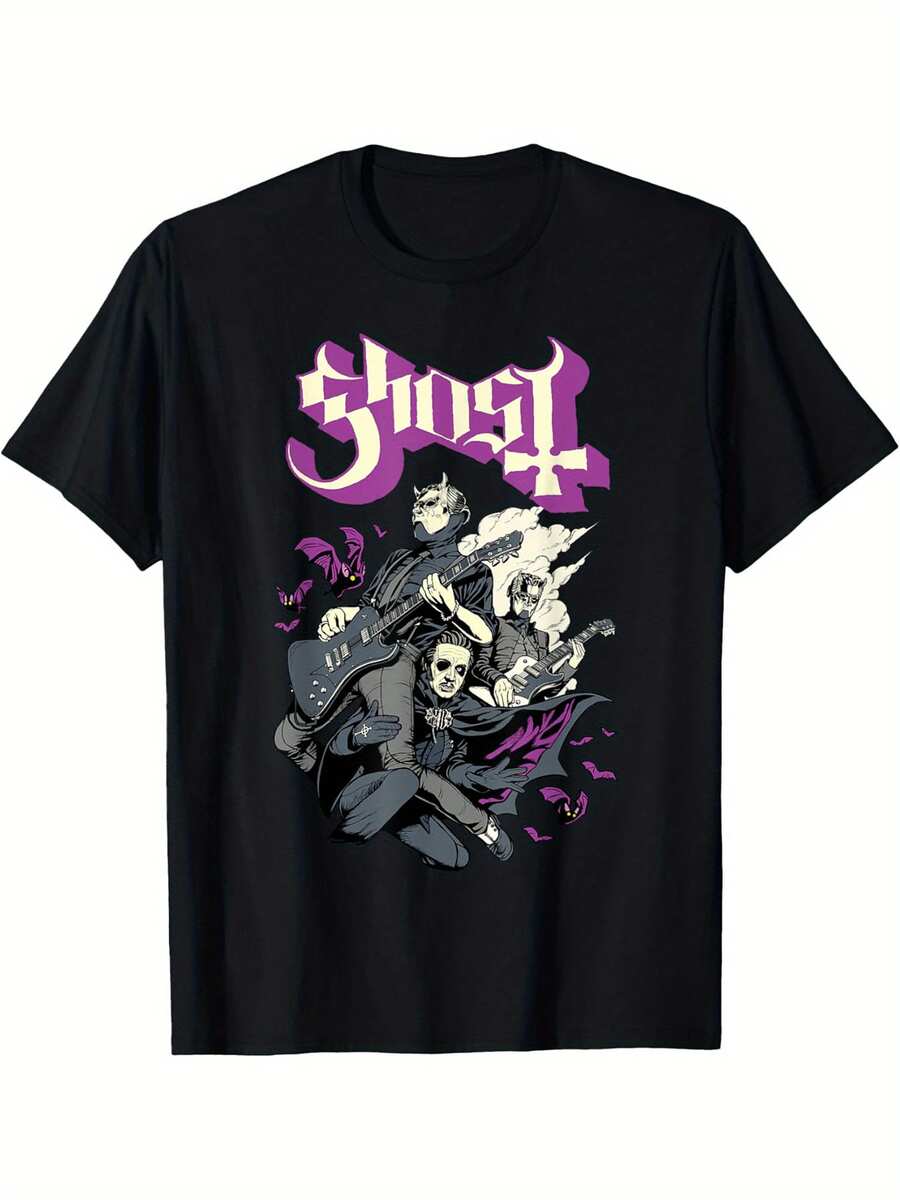 Ghost - Bats And Band T-Shirt Selected Pure Cotton Interesting Design DIY Short Sleeve T-Shirt For Men, Soft And Breathable, Suitable For All Seasons, Comfortable, Easter And Father'S Day Gifts, PLUS SIZE, L-5XL, PLUS SIZE, L-5XL - 黑色 - 查看 1