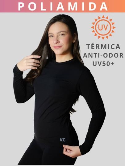 Blusa Térmica Poliamida Feminina Proteção Solar Uv+50 Anti Odor Camisa Segunda Pele Manga Longa Inverno e Verão Lisa