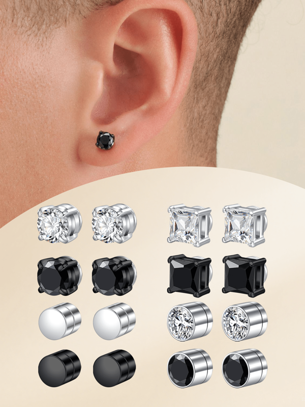 1pair Funky Stainless Steel Cubic Zirconia Ear Cuff For Men For Daily Decoration, Casual Clip On Ear Non Piercing Ear Studs Fake Earrings Studs Sliver Black Earrings Studs Fake Piercing Body Jewelry For Men Women