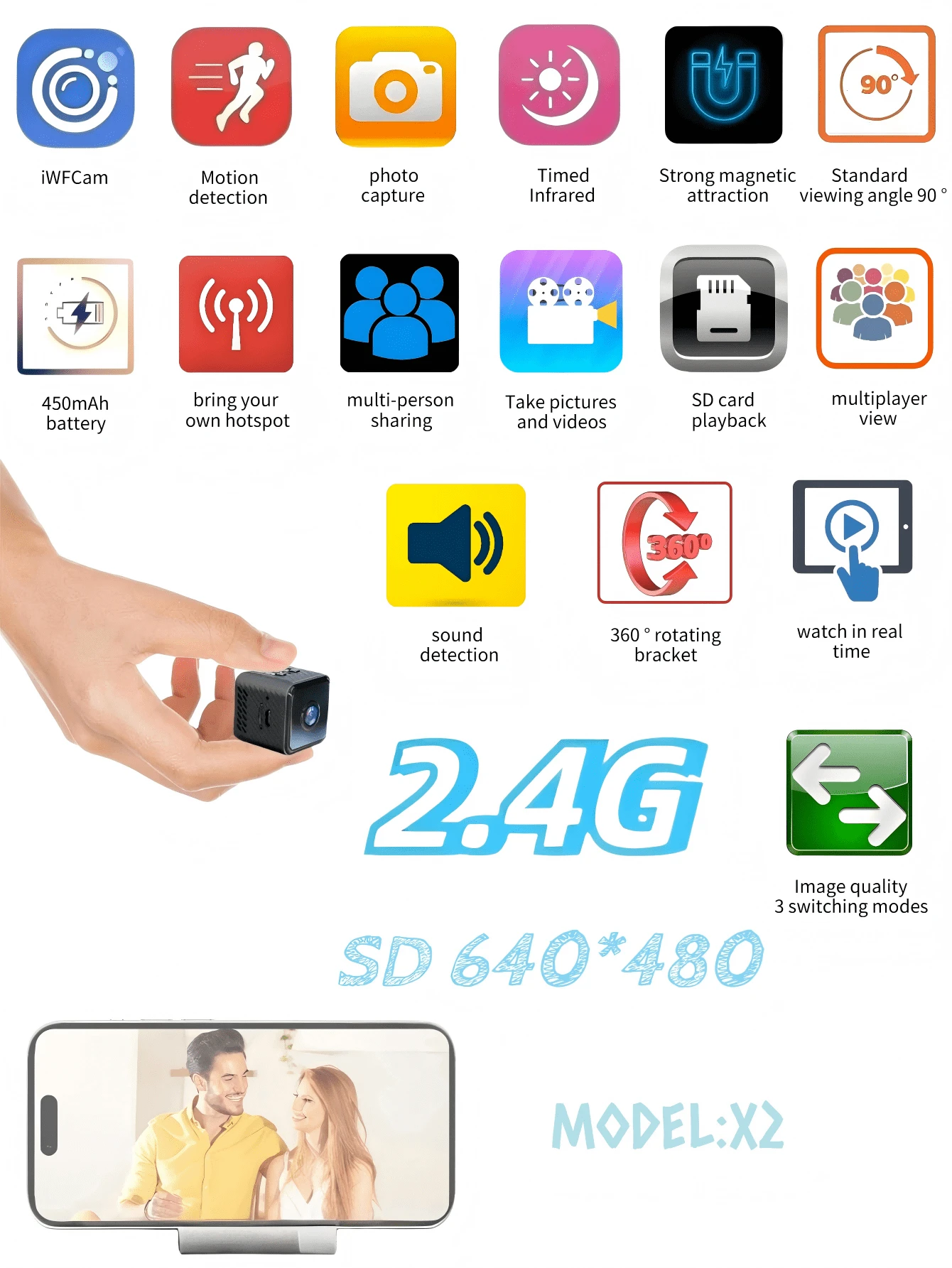 1080P HD Night Vision, X2 Smart Surveillance Camera, 2MP Wireless WiFi Indoor/Outdoor, Remote Mobile View, Motion Detection Alarm, TF Card Storage, Low Power Long Lasting, Waterproof & Dustproof, Security Camera - Multicolor - View 1