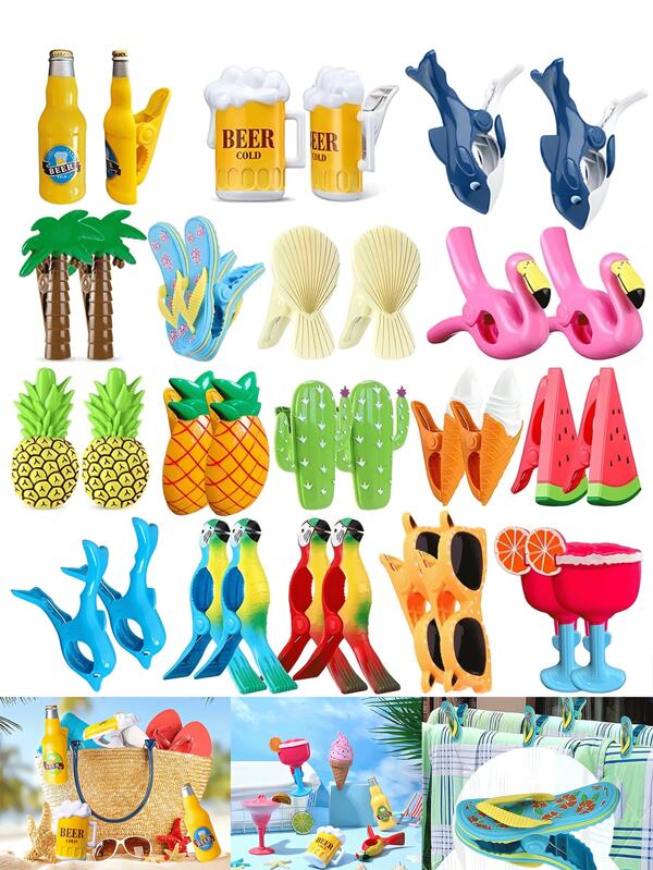 2/4pcs Beach Towel Windproof Clips, Summer Portable Plastic Clothes Pegs In Parrot, Watermelon, Flamingo, Ice Cream, Pineapple, Cactus, Coconut Tree Patterns, Fit For Beach Chair, Patio, Pool, Holds Cartoon Sunglasses, Cocktail Glass, Towel, Decorative Clip For Home (Cute Style)