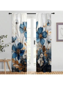 2 Stücke elegante blaue Blumen Vorhänge - 3D Blumen Design, lichtfilternde Polyester Vorhänge für Schlafzimmer, Wohnzimmer, Küche, Büro - vielseitig & stilvolle Fensterverkleidung (Vorhangstange nicht enthalten), Vorhänge für Wohnzimmer - Verschiedenfarbig - Übersicht 21