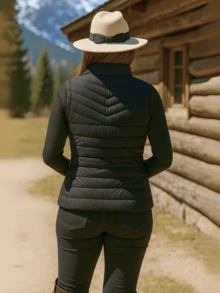 Chaleco acolchado ligero para mujer, con cierre frontal, cuello alto y bolsillos laterales, estilo outdoor casual, cardigan de ajuste - Negro - Ver 3