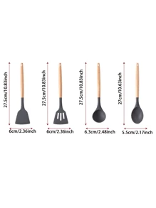 1 set de 12 pièces d'ustensiles de cuisine en silicone avec manches en bois, spatules et louches antiadhésives. Set d'ustensiles de cuisine avec support