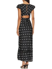 Women Y2k Polka Dot Long Satin Dress Y2k Floral Lace Patchwork Short Puff Sleeve Bodycon Maix Dress Summer Backless Going Out Midi Dresses Coquette Clothes Beach Vacation Party Club Sundress - Đen và trắng - Xem 2