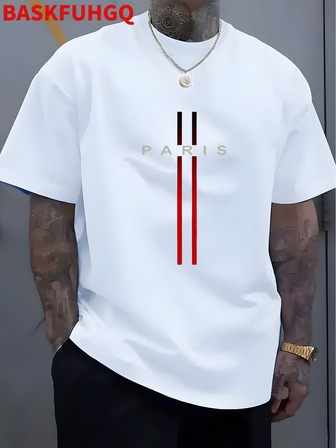 Men's Paris Graphic Print Cotton T-Shirt - Soft Round Neck, Slightly Stretchy Street Style, Breathable All-Season Casual Tee, Machine Washable Regular Fit Cotton T Shirt