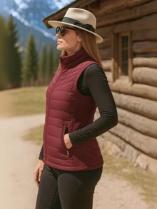 Chaleco acolchado ligero para mujer, con cierre frontal, cuello alto y bolsillos laterales, estilo outdoor casual, cardigan de ajuste - Granate - Ver 2