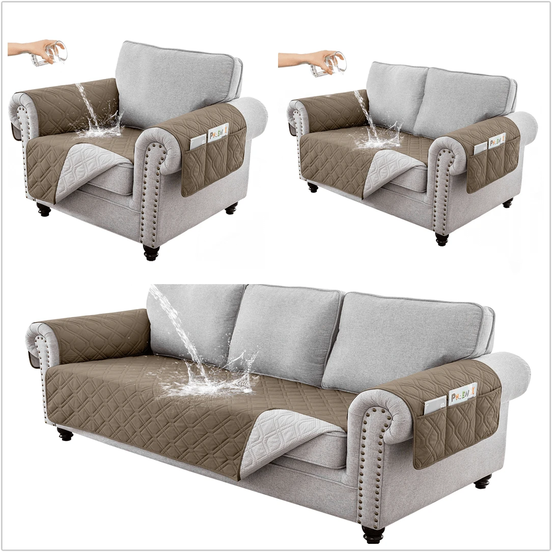 1/2/3 Quilted Sofa Covers Couch Reversible Throw Sofa Set Slipcover Waterproof 1+2+3 Seater Sofa Cover Pet Protector Throw Waterproof Sofa Couch Cover 3pcs Protector - 駝色 - 查看 1