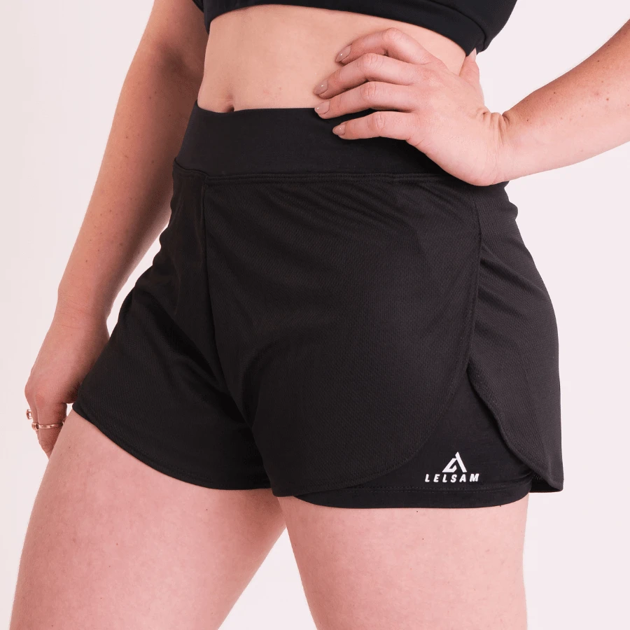 Women's Double Compression Shorts With Internal Cell Phone Pocket, High Quality Dry Fit Fabric, Anti-Chafing, UV Protection+ - 黑色 - 查看 1