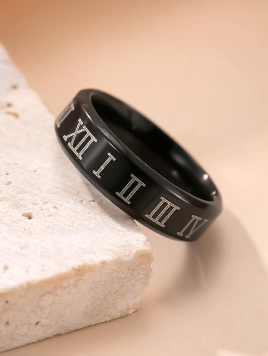 1pc Men's Fashion Punk Style Minimalist Black Stainless Steel Roman Numeral Ring, Suitable For Daily Wear, Parties And Valentine's Day Gift