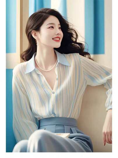 Unique Design Loose Top, Blue Striped Crossed Front Button Shirt For Commuting