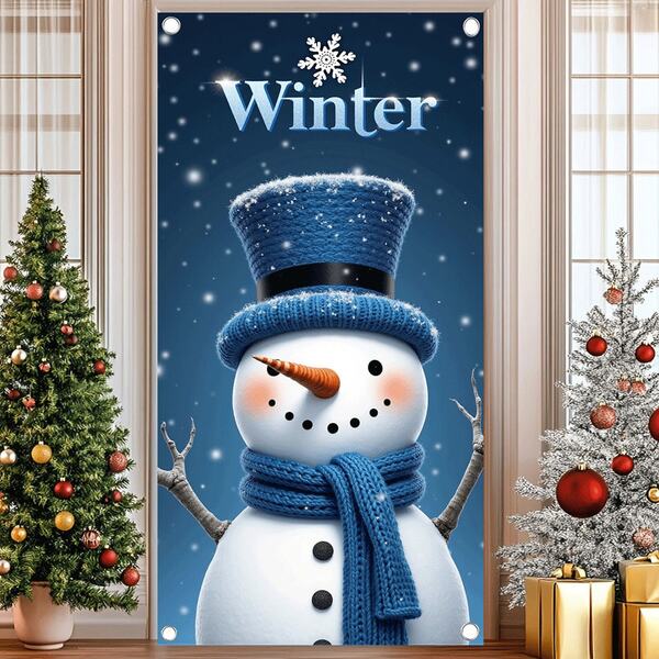 1 pieza Pancarta de puerta con muñeco de nieve y copos de nieve blancos, adecuada para decoración navideña, telón de fondo fotográfico, decoración interior/exterior, hogar, pared, patio, jardín, cortina decorativa para fiesta de Navidad, aniversario, decoración de fiesta de Navidad
