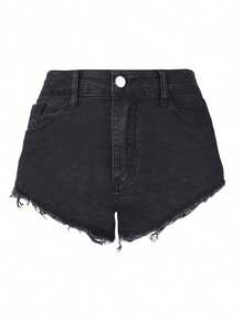 复古街头风高腰斜插口袋毛边弹力修身性感迷你牛仔短裤休闲黑色夏季 - 黑色 - 查看 6