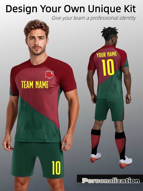 2pcs Modern Geometric Soccer Uniform – Portugal Red & Green Portugal Diagonal Split With Textured Pattern, Lightweight Flexible Fabric For Dynamic Play, Bold Aesthetic For Teams Embracing Unique Style