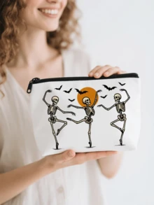 Halloween White Bag For Travel Storage | Makeup Bag & Electronics Organizer With Zipper Closure, Skull Bow Tie Floral Print Pouch For Travel Essentials, Jewelry, Toiletries | Halloween Gift Idea