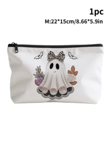 Halloween White Bag For Travel Storage | Makeup Bag & Electronics Organizer With Zipper Closure, Skull Bow Tie Floral Print Pouch For Travel Essentials, Jewelry, Toiletries | Halloween Gift Idea