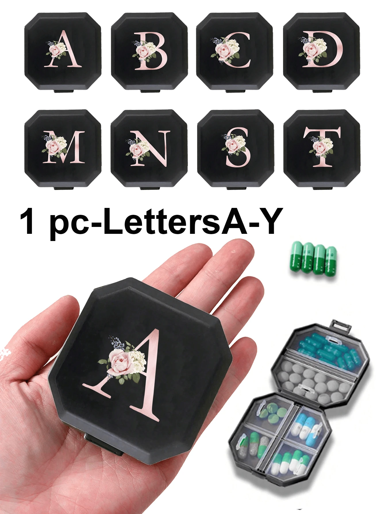 六格便携式药盒，胶囊收纳盒，旅行药盒，迷你药盒，字母A-Z（不含Q/U），六格药片整理器，旅行迷你药盒，防潮药片和维生素容器，药品分发整理器，旅行居家露营户外狩猎药品收纳盒，药盒，旅行医疗包配件，宿舍必备
