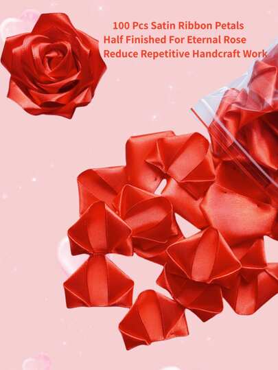 100Pcs Handcrafted Satin Ribbon Silk Petal Kits Half-Finished Pieces Ideal For DIY Crafting Eternal Rose Forever Flowers Bouquets Everlasting Floral And Ramos Arrangements Make Roses For Anniversary, Valentine's Day, Party, New Year, Halloween, Valentine's Day Gifts-Craft Your Own Timeless Rose Bouquets, Cost-Effective And Effortless Assemble, Two Techniques Punching Hole& Heat Branding Random Send Birthday Graduation