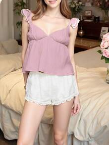 Tank Tops For Women Summer Fashionable Solid Color Backless Flying Sleeve Deep V Neck Loose Shirt - 桃色 - 查看 3