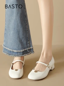 BASTO 女士玛丽珍鞋，粗跟，时尚法式复古简约纯色，优雅通勤经典个性化舒适百搭轻便 - 米色 - 查看 1