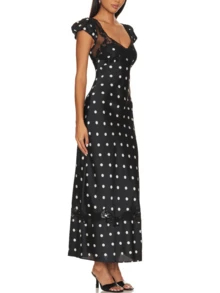 Women Y2k Polka Dot Long Satin Dress Y2k Floral Lace Patchwork Short Puff Sleeve Bodycon Maix Dress Summer Backless Going Out Midi Dresses Coquette Clothes Beach Vacation Party Club Sundress - Đen và trắng - Xem 3