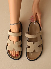 Women's Adjustable Hook And Loop Flat Sandals, Thick Sole Slip-On Summer Shoes, Comfortable Daily Walking Shoes. Vacation Style Suede Khaki Slide Sandals - Khaki - View 1