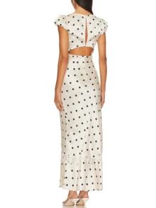 Women Y2k Polka Dot Long Satin Dress Y2k Floral Lace Patchwork Short Puff Sleeve Bodycon Maix Dress Summer Backless Going Out Midi Dresses Coquette Clothes Beach Vacation Party Club Sundress - Màu be - Xem 2