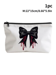 Halloween White Bag For Travel Storage | Makeup Bag & Electronics Organizer With Zipper Closure, Skull Bow Tie Floral Print Pouch For Travel Essentials, Jewelry, Toiletries | Halloween Gift Idea