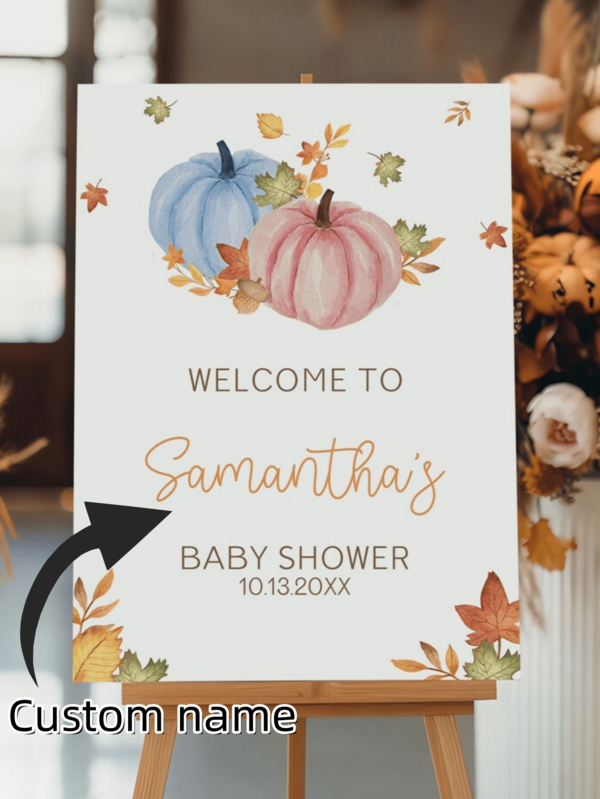 1pc Personalized Custom Gift, Blue Mini Pumpkin Gender Reveal Party Welcome Sign, Boy/Girl Pumpkin Theme Party Poster, Blue Mini Pumpkin Gender Reveal Party Decoration, Birthday Decoration, Party Decoration