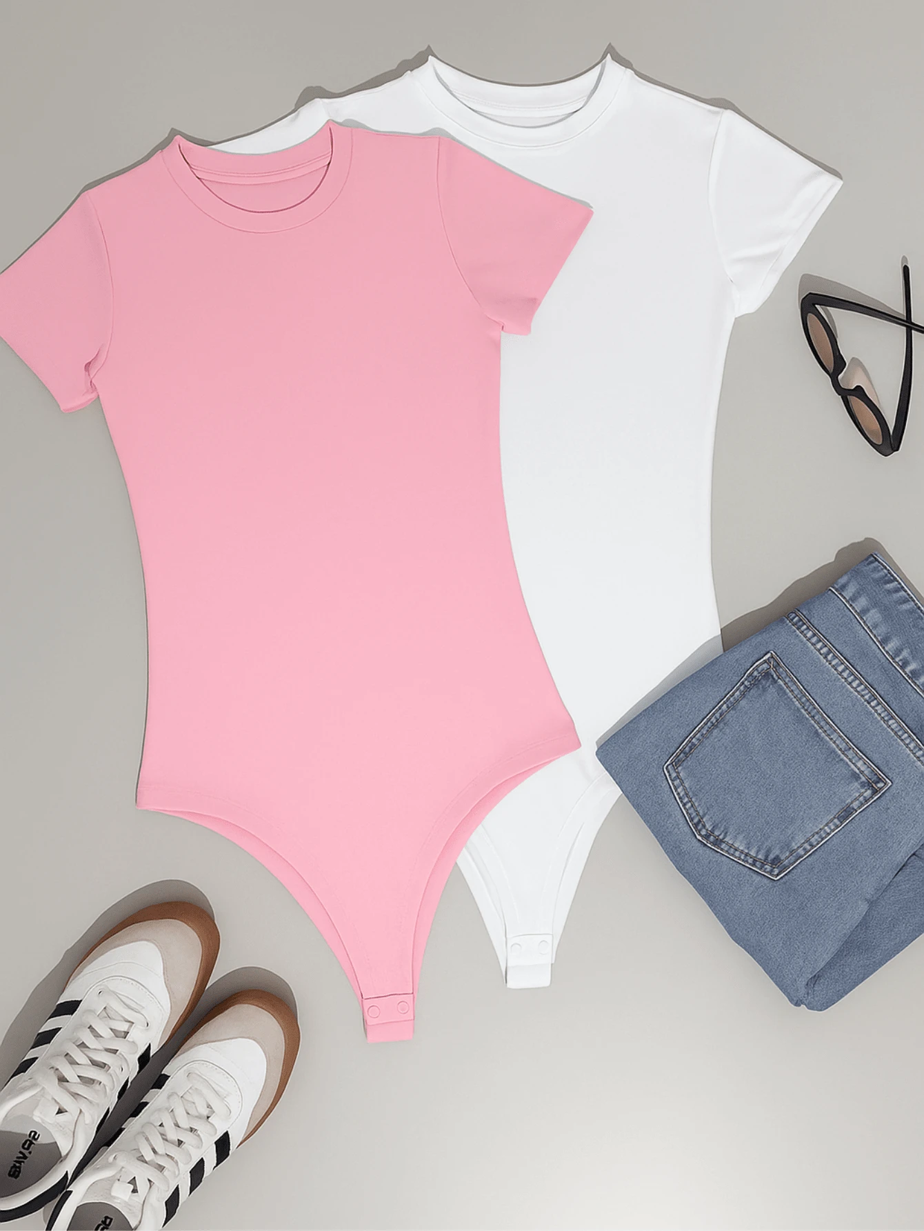 Kit 2 Women's Bodysuits, Short Sleeve | Comfortable Suplex | Casual Summer Fashion - Hồng nhạt/Trắng - Xem 1