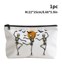 Halloween White Bag For Travel Storage | Makeup Bag & Electronics Organizer With Zipper Closure, Skull Bow Tie Floral Print Pouch For Travel Essentials, Jewelry, Toiletries | Halloween Gift Idea