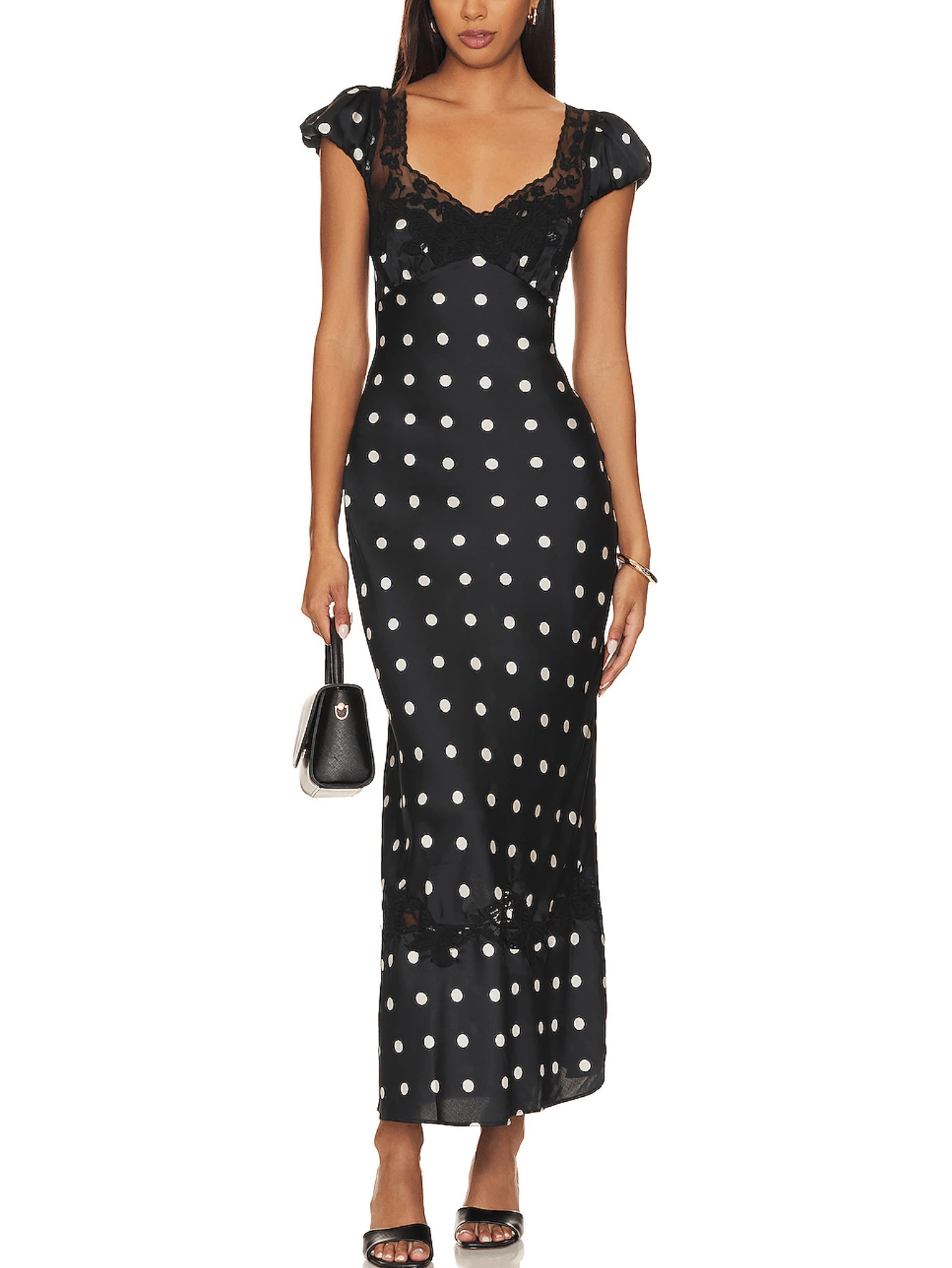 Women Y2k Polka Dot Long Satin Dress Y2k Floral Lace Patchwork Short Puff Sleeve Bodycon Maix Dress Summer Backless Going Out Midi Dresses Coquette Clothes Beach Vacation Party Club Sundress - Đen và trắng - Xem 1