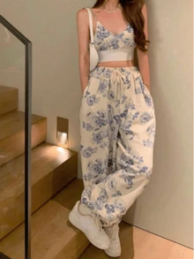 Conjunto de dos piezas de top de tirantes corto con estampado y pantalones anchos de cintura alta sin tirantes, estilo bohemio para mujer, con bolsillos, fruncido, ajuste regular, multicolor, apto para uso casual diario en primavera/verano - Azul - Ver 7