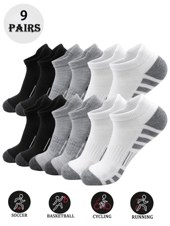 9 pares de calcetines tobilleros deportivos para hombres, transpirables, resistentes al olor, que absorben la humedad, de tela de punto suave y cómoda. Ideales para volver al colegio, carnaval, Ramadán, para usar en casa, patinaje, ciclismo, correr, viajar, senderismo y diversos deportes. Son cálidos y de secado rápido.