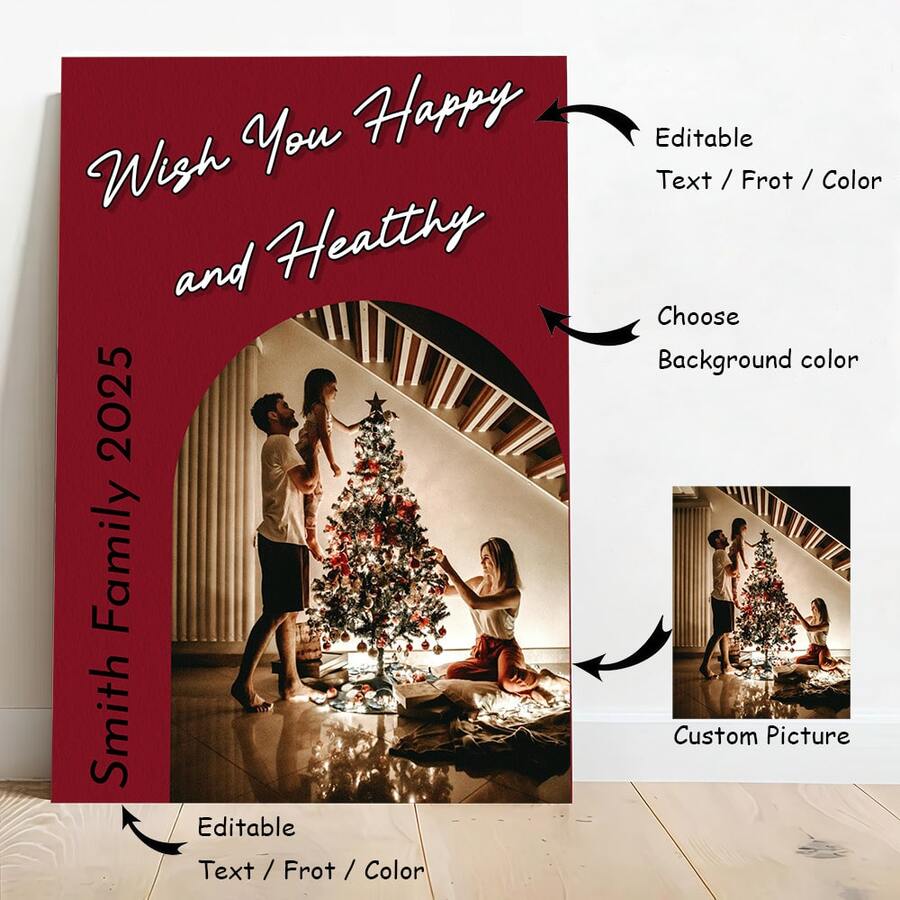 1pc Art Decor Modern Custom Unframed Canvas Poster - Family Anniversary Memory Decoration - Personalized Photo Art Decoration With Added Text And Photos Wall Art Decor For Home Office, Living Room, Bedroom - Indoor Wrapped Canvas Wall Hanging - Red and White - View 1