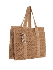 Bolsa Sacola Grande de Palha com Búzios | Bolsa de Viagem Feminina para Praia e Verão Tote Bag Artesanal Estilo Boho Chic - Caqui - Visão 2