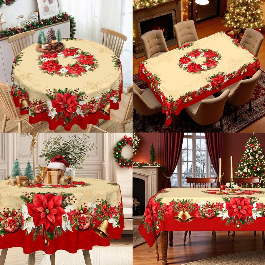 1pc Christmas Theme Polyester Tablecloth, Round Tablecloth Diameter 145cm, Rectangular Tablecloth 140x180cm, Christmas Decor Tablecloth/Tablecover, Red Christmas Floral Pattern Holiday Tablecloth, Christmas Holiday Table Center Decor, Christmas Party & Family Gathering Atmosphere Decoration Tablecloth. - Multicolor - View 1