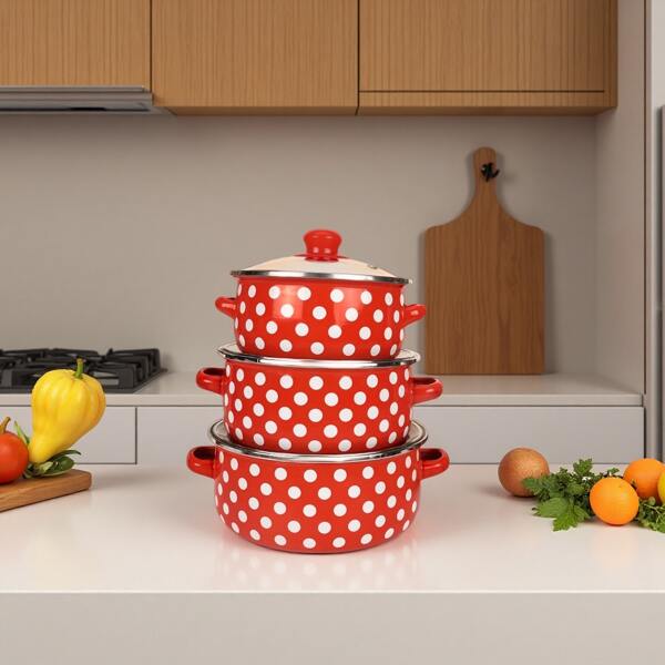 3 pièces Casserole en verre à double oreille émaillée, casserole de cuisson, casserole à ragoût, convient pour les plats de service, les salades, le mélange, le stockage des aliments, convient pour les restaurants, la cuisine, l'extérieur, compatible avec les cuisinières à gaz et les plaques à induction