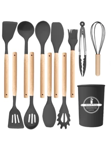 1 set de 12 pièces d'ustensiles de cuisine en silicone avec manches en bois, spatules et louches antiadhésives. Set d'ustensiles de cuisine avec support